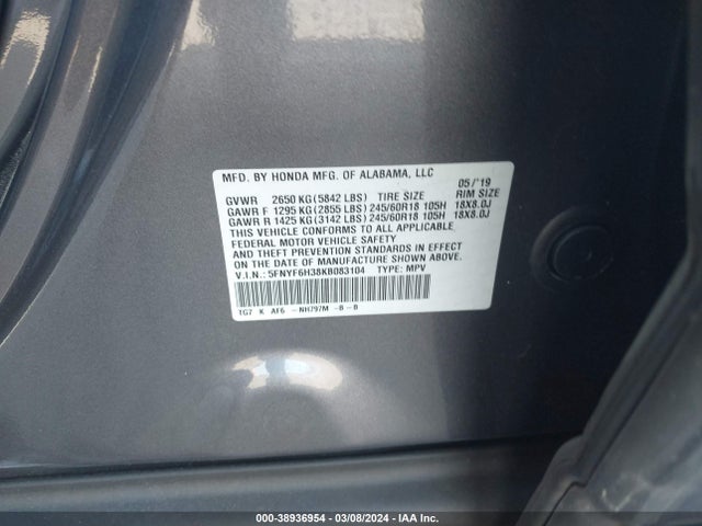 Honda Pilot Ex 2019 5FNYF6H38KB083104 Image 9