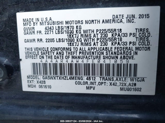 4A4AR4AW4FE041059 Mitsubishi Outlander Sport Gt