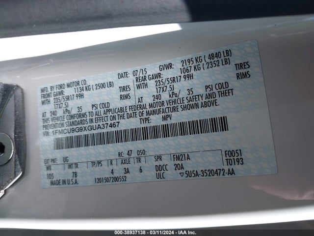 Ford ESCAPE SE 2016 1FMCU9G9XGUA37467 Image 9