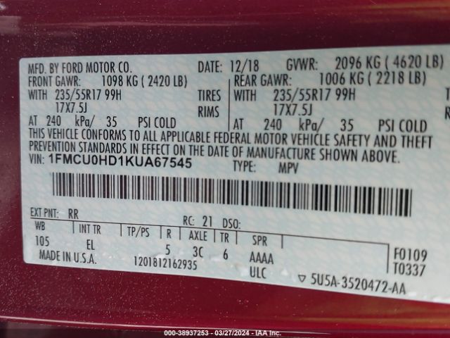 1FMCU0HD1KUA67545 Ford ESCAPE SEL