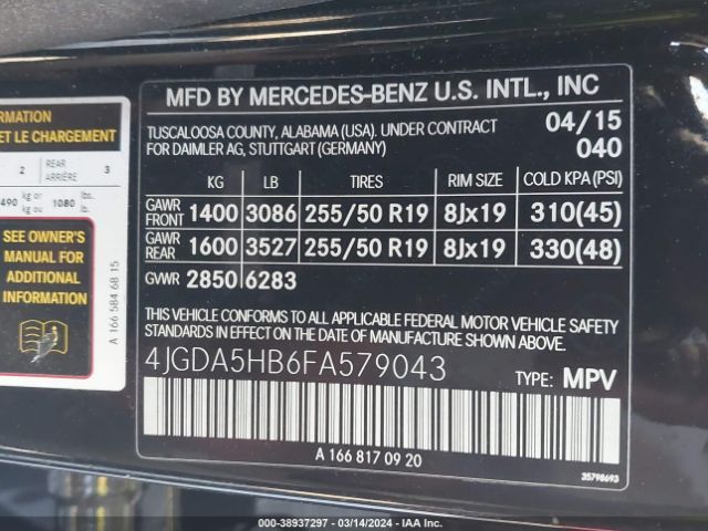 4JGDA5HB6FA579043 Mercedes-Benz Ml 350 4matic
