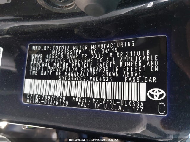 Toyota COROLLA SE 2020 5YFS4RCE2LP004635 Image 9
