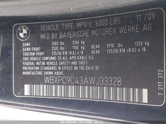 38937444 :رقم المزاد ، WBXPC9C43AWJ33328 vin ، 2010 Bmw X3 Xdrive30i مزاد بيع