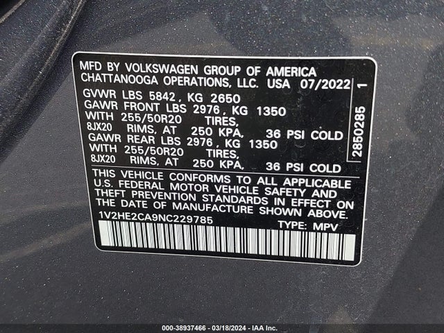 1V2HE2CA9NC229785 Volkswagen Atlas Cross Sport 3.6l V6 Se W/technology