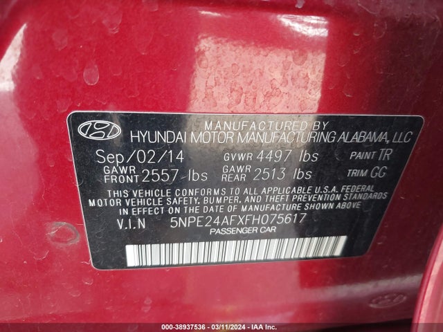 Hyundai SONATA SE 2015 5NPE24AFXFH075617 Image 9