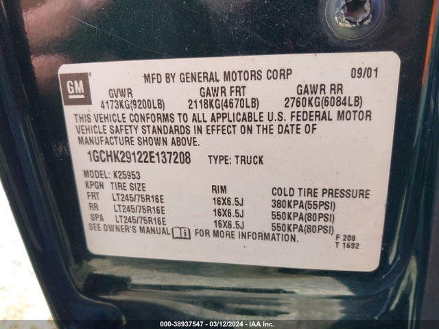 Aukcja sprzedaży 2002 Chevrolet Silverado 2500hd Ls, vin: 1GCHK29122E137208, numer aukcji: 38937547