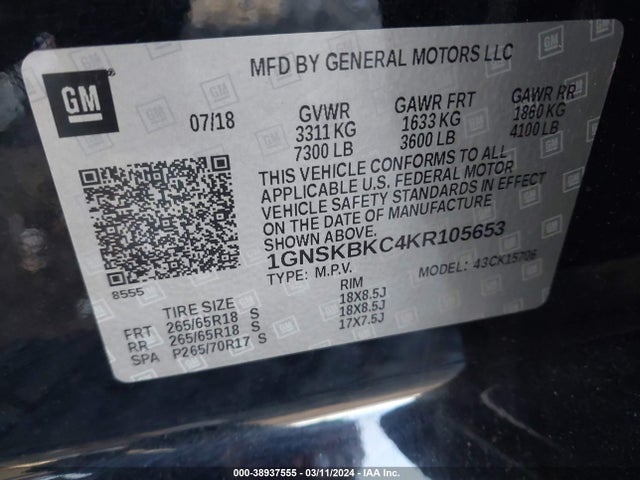 Chevrolet Tahoe Lt 2019 1GNSKBKC4KR105653 Image 9
