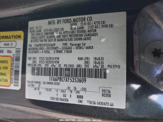 Ford MUSTANG GT 2015 1FA6P8CFXF5353609 Image 9