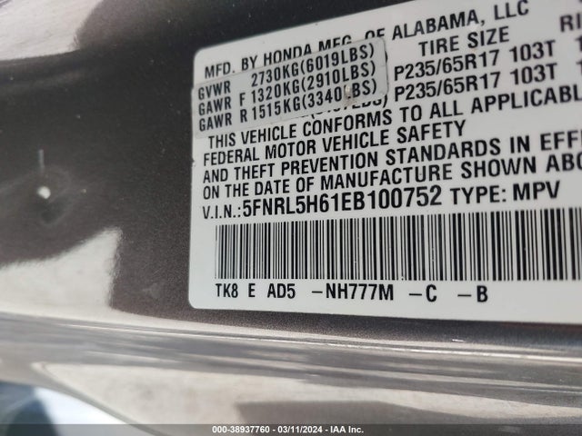 Honda Odyssey Ex-l 2014 5FNRL5H61EB100752 Image 9