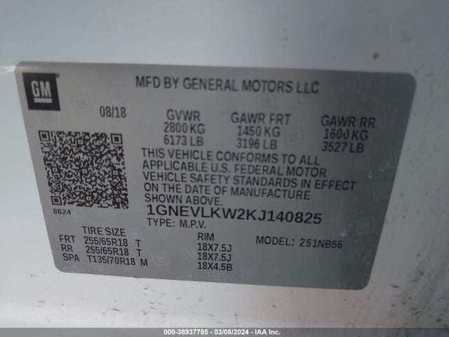 Chevrolet Traverse 1fl 2019 1GNEVLKW2KJ140825 Image 9