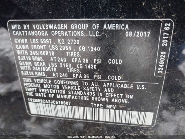 1V2MR2CA3JC518867 Volkswagen Atlas 3.6l V6 Sel