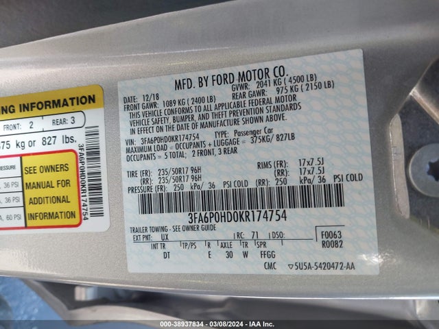 Ford FUSION SE 2019 3FA6P0HD0KR174754 Image 9