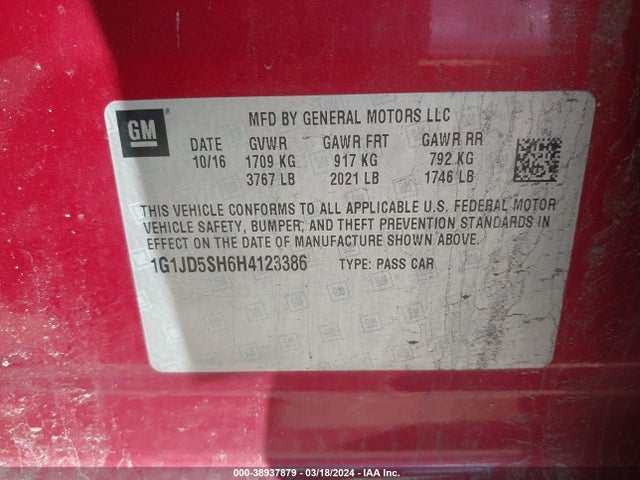 Chevrolet Sonic Lt Auto 2017 1G1JD5SH6H4123386 Image 9
