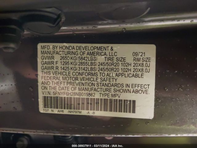 5FNYF6H28NB015882 Honda Pilot Awd Special Edition