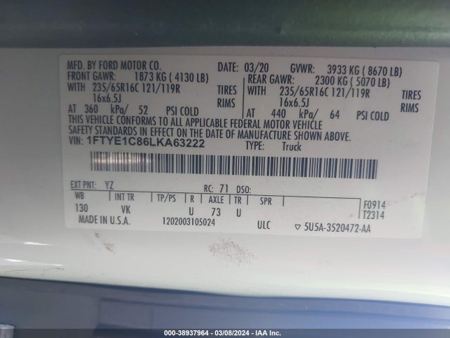 Ford Transit-150 2020 1FTYE1C86LKA63222 Image 9