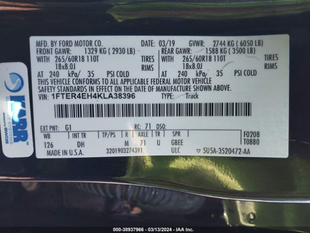 1FTER4EH4KLA38396 Ford Ranger Lariat