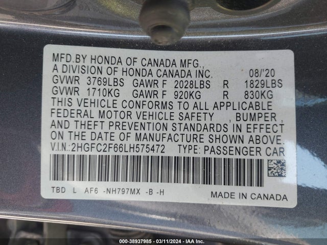 Honda Civic Lx 2020 2HGFC2F66LH575472 Image 9