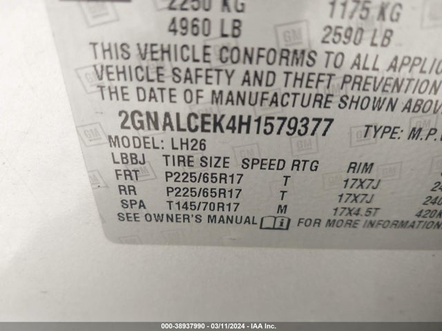 Chevrolet EQUINOX LT 2017 2GNALCEK4H1579377 Image 9