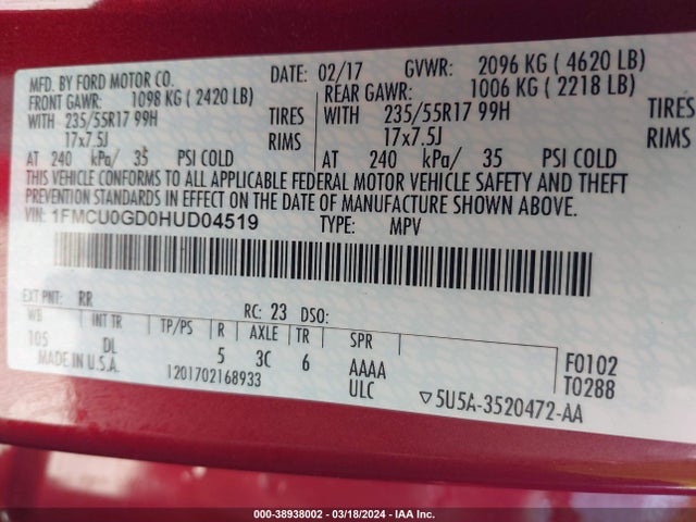 Ford ESCAPE SE 2017 1FMCU0GD0HUD04519 Image 9