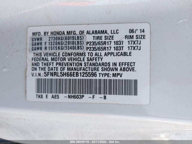 Honda Odyssey Ex-l 2014 5FNRL5H66EB125596 Image 9