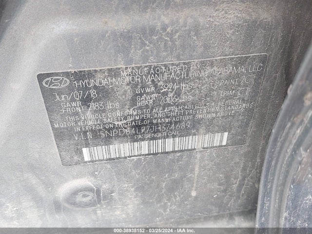 5NPD84LF7JH374689 Hyundai mpi nu
