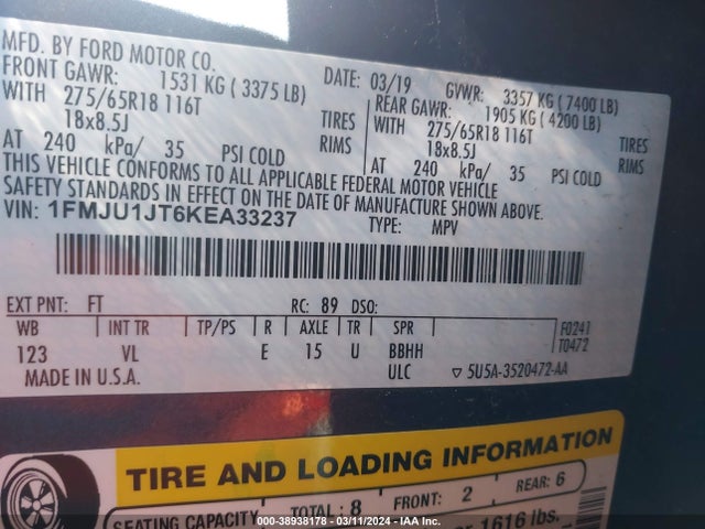 Ford Expedition Xlt 2019 1FMJU1JT6KEA33237 Image 9