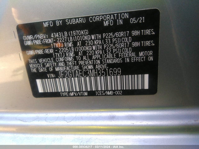 Subaru Crosstrek Premium 2021 JF2GTAEC3MH351699 Image 9