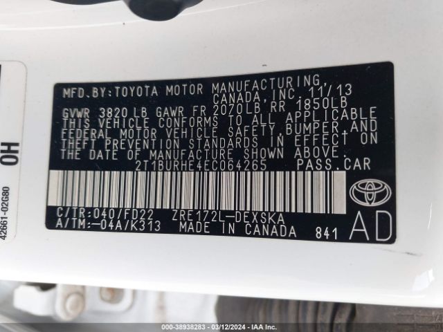 2T1BURHE4EC064265 Toyota Corolla S Plus