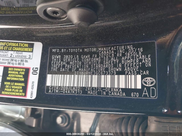 Toyota Corolla Le Premium 2016 2T1BURHE3GC673379 Image 9