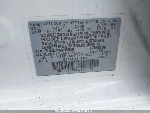 Nissan Versa 1.6 S 2017 3N1CN7AP6HL865639 Image 9