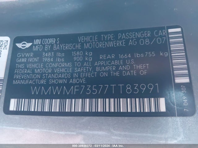 2007 MINI COOPER S WMWMF73577TT83991 Photo 8