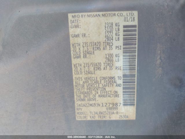 5N1AZ2MG9JN127987 Nissan MURANO SL