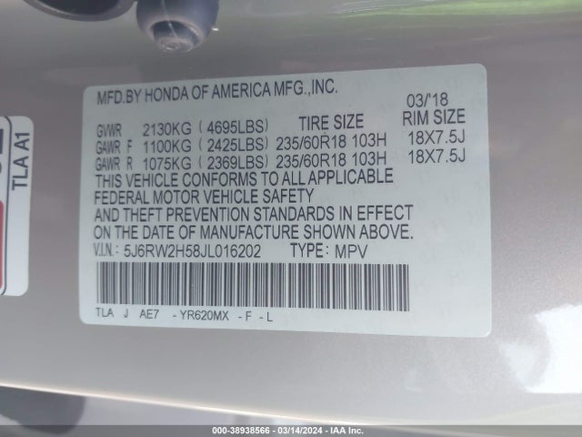 Honda CR-V EX 2018 5J6RW2H58JL016202 Image 9