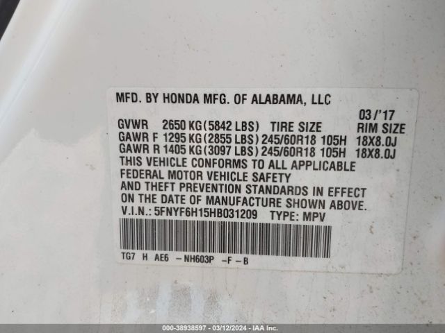 5FNYF6H15HB031209 Honda PILOT LX