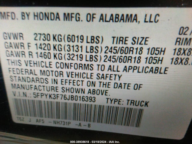 Honda Ridgeline Rtl-e 2018 5FPYK3F76JB016393 Image 9