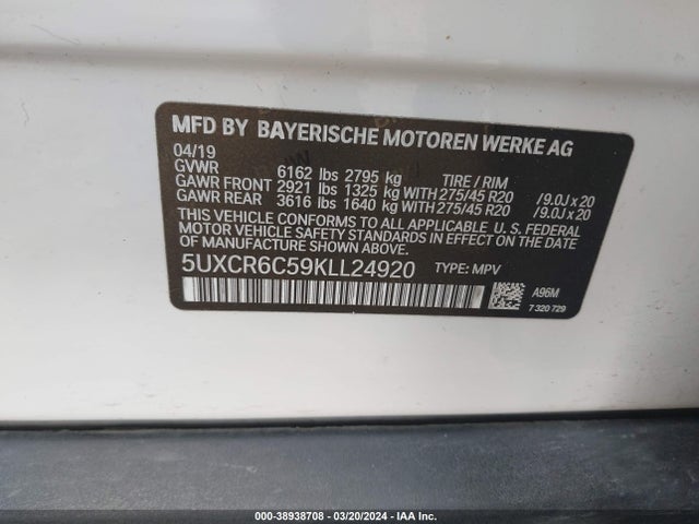 BMW X5 Xdrive40i 2019 5UXCR6C59KLL24920 Image 9