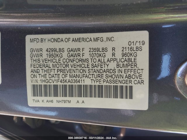 Honda ACCORD EX 2019 1HGCV1F45KA036411 Image 9