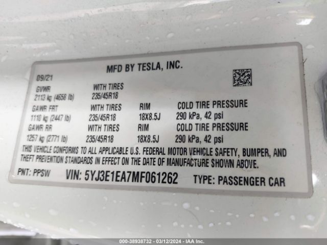 5YJ3E1EA7MF061262 Tesla Model 3 Standard Range Plus Rear-wheel Drive