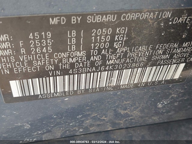 Subaru Legacy 2.5i Limited 2019 4S3BNAJ64K3023866 Image 9