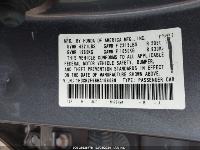 Honda Accord Ex-l 2017 1HGCR2F98HA168089 Image 9