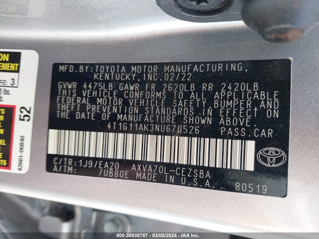 Toyota CAMRY SE 2022 4T1G11AK3NU670526 Image 9