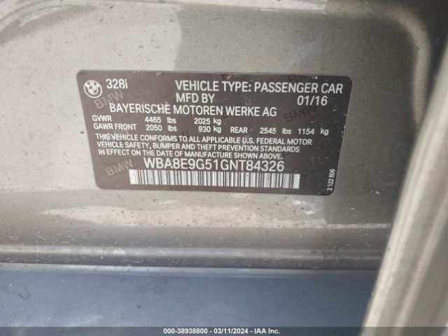 WBA8E9G51GNT84326 BMW 328I