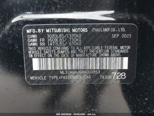 ML32AUHJ6RH003853 Mitsubishi MIRAGE ES