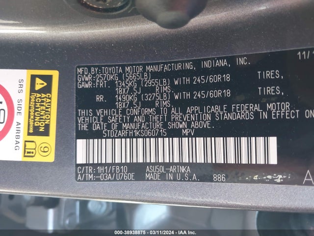 Toyota Highlander Le 2019 5TDZARFH1KS060715 Image 9