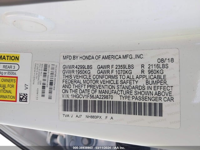 Honda Accord Ex-l 2018 1HGCV1F56JA229870 Image 9