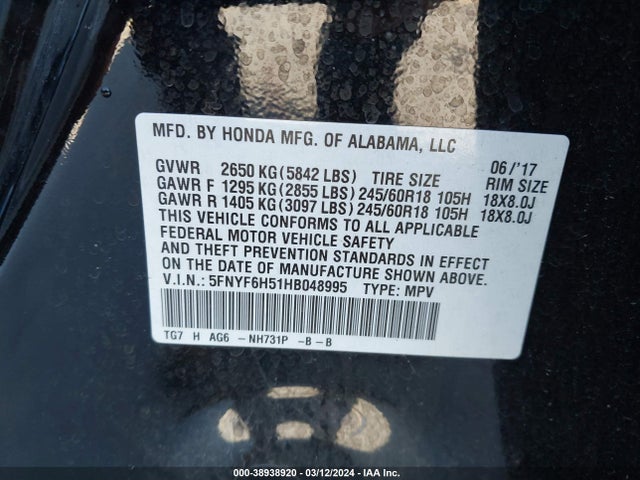Honda Pilot Ex-l 2017 5FNYF6H51HB048995 Image 9