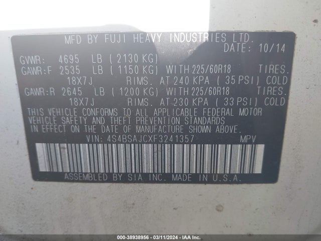 Subaru Outback 2.5i Limited 2015 4S4BSAJCXF3241357 Image 9