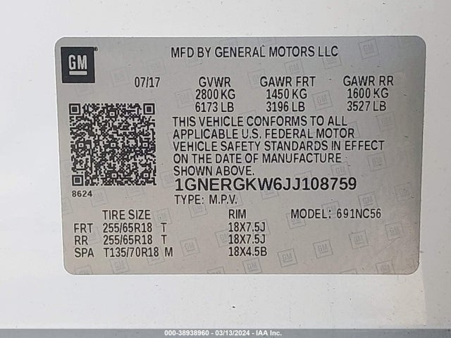Chevrolet Traverse 1lt 2018 1GNERGKW6JJ108759 Image 9