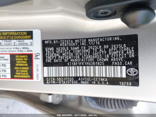 Toyota CAMRY LE 2017 4T1BF1FK1HU361825 Image 9