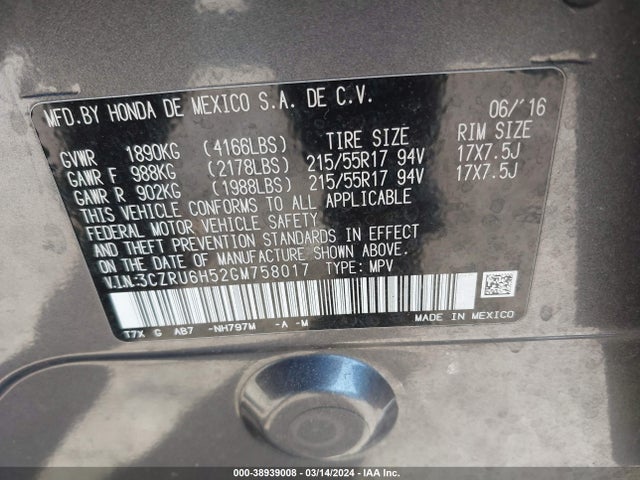 Honda HR-V EX 2016 3CZRU6H52GM758017 Image 9
